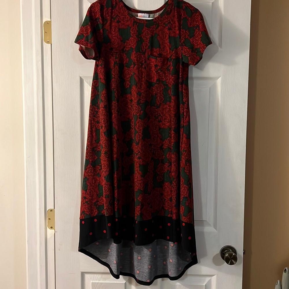 NWOT LuLaRoe Carly Hi-Lo Dress Roses Polka Dot Red Green Christmas Size XS